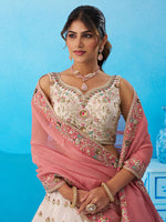 cream and pink tissue sequined embroidered semi stitched lehenga set