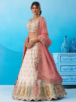 cream and pink tissue sequined embroidered semi stitched lehenga set