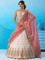 cream and pink tissue sequined embroidered semi stitched lehenga set