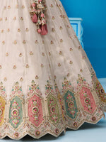 cream and pink tissue sequined embroidered semi stitched lehenga set