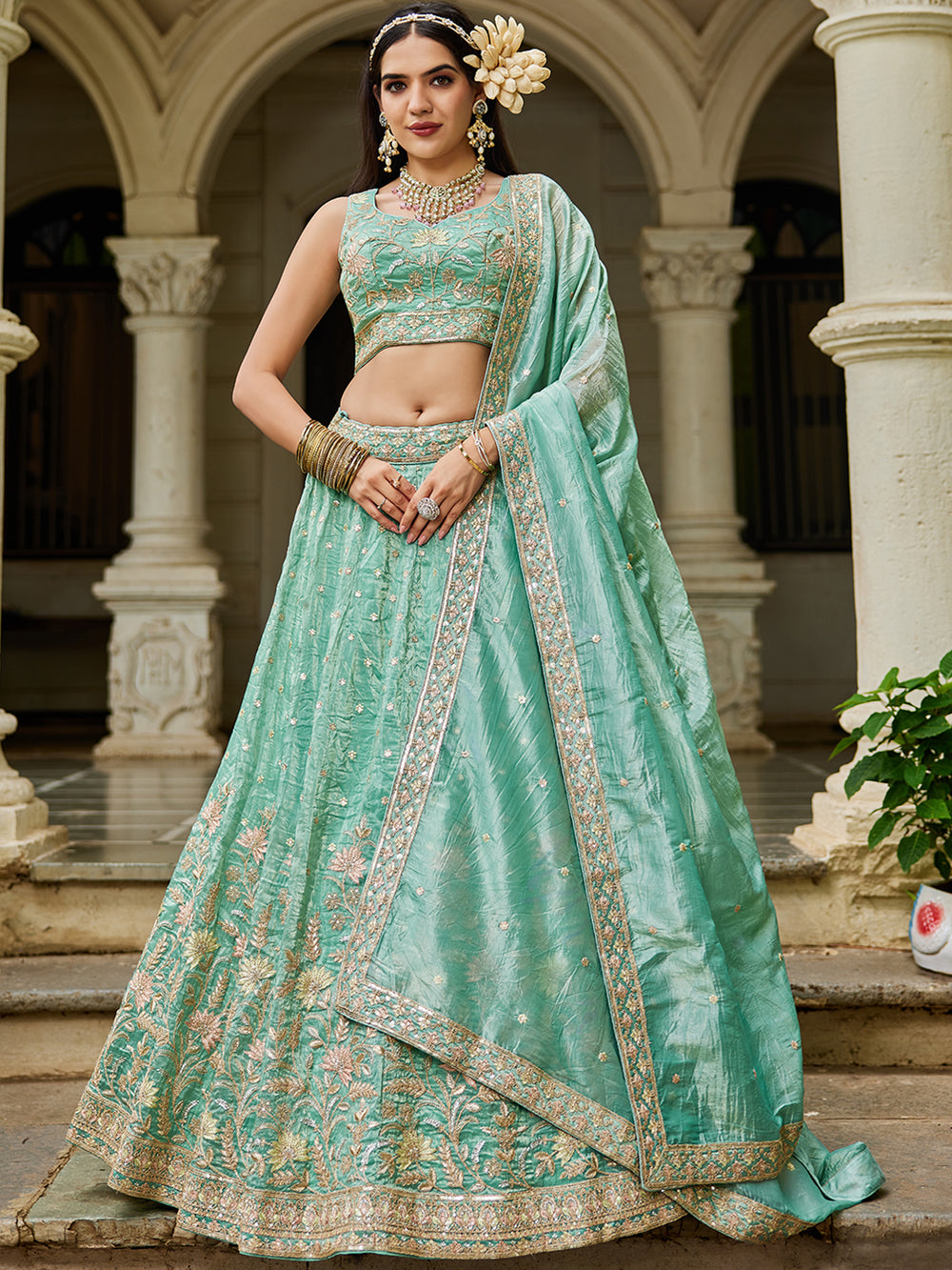 sky blue luxury sequins embroidered lehenga with matching dupatta