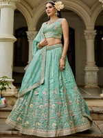 sky blue traditional wedding lehenga with sequins embroidery