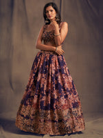 purple floral embroidered organza lehenga for women