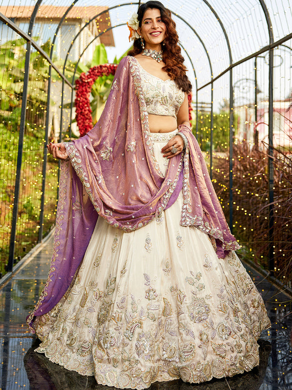 Purple Reception Wear Tissue Lehenga Choli