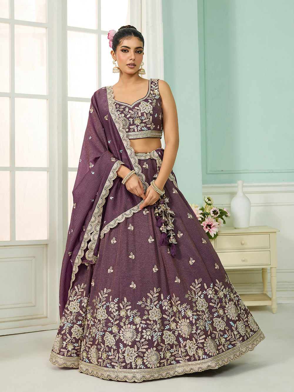 purple tissue fabric sequins embroidered lehenga choli with dupatta