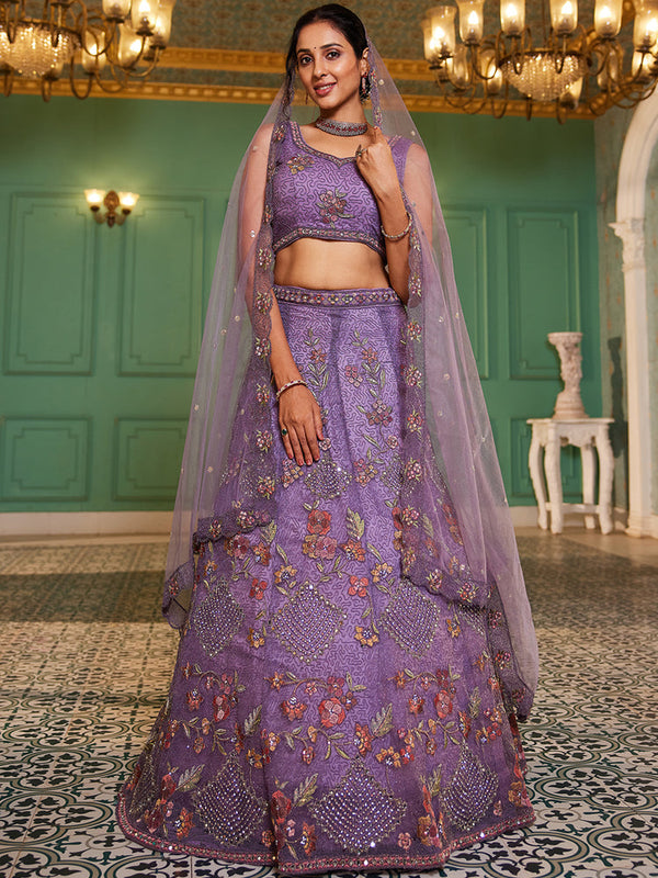 Purple Tissue Embroidered Semi-Stitched Lehenga Choli