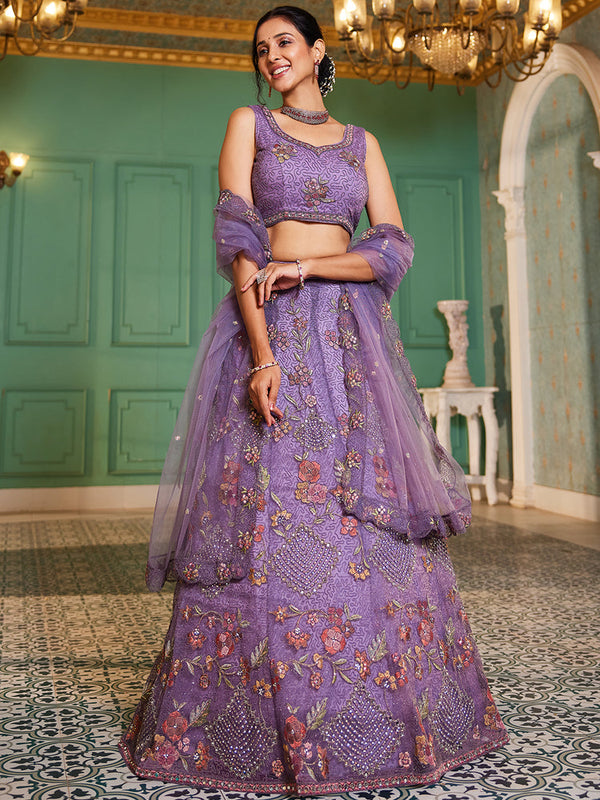 Purple Tissue Embroidered Semi-Stitched Lehenga Choli