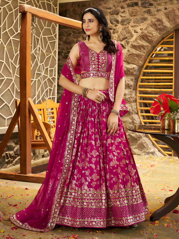 Pink Dola Silk Jacquard Embroidered Lehenga Choli