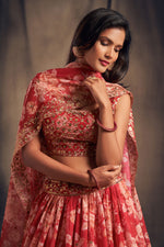 red party wear lehenga choli with floral organza fabric