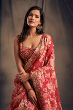 floral organza red lehenga choli with premium finish