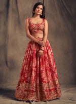 red designer ethnic lehenga for engagement and party