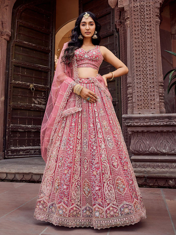 Designer rose gold net lehenga choli for Indian wedding