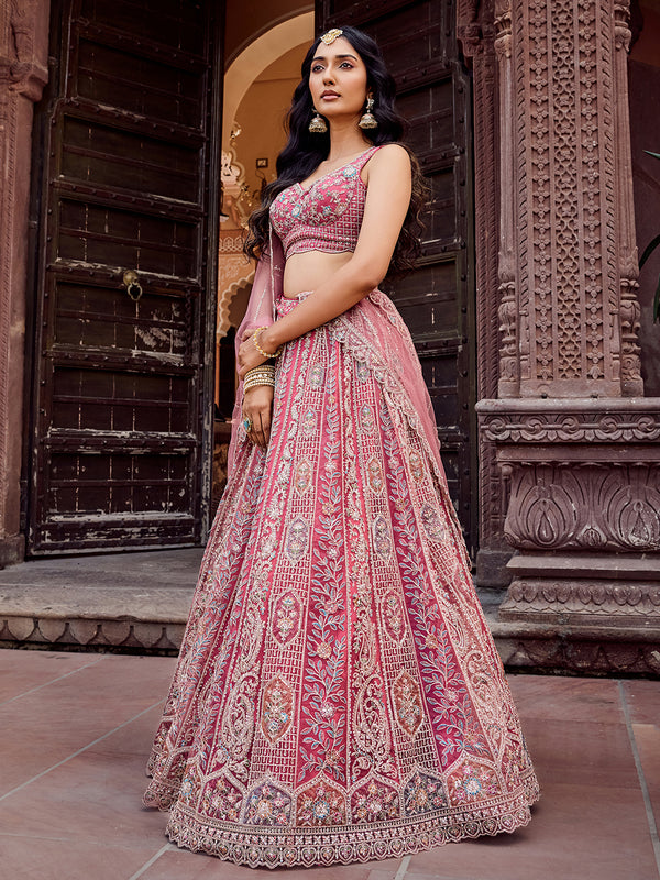 Designer rose gold net lehenga choli for Indian wedding