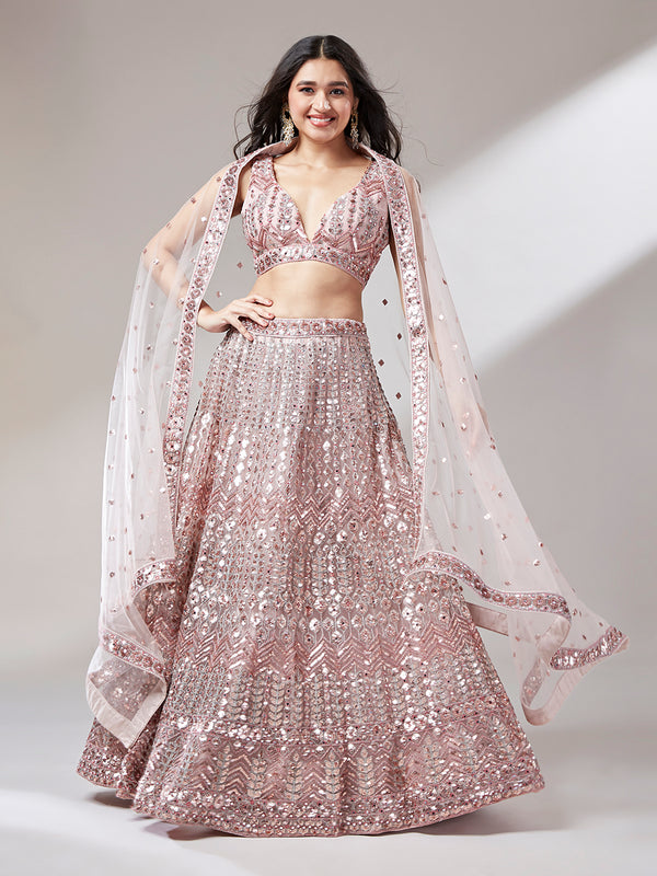 Rose Gold Mirror Sequins Embroidered Net Lehenga Choli