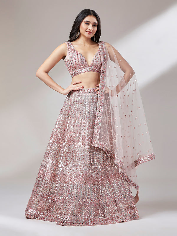 Rose Gold Mirror Sequins Embroidered Net Lehenga Choli