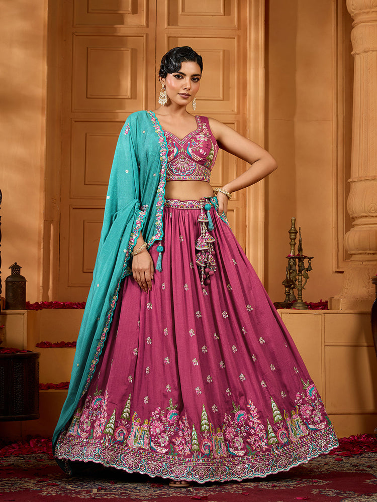rosegold silk fabric sequins embroidered semi stitched lehenga with dupatta