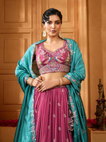 rosegold bridal silk lehenga with sequins embroidery