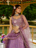 rose gold satin festive lehenga choli with designer embroidery