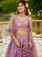 rosegold satin festive lehenga choli with designer embroidery