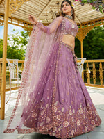 rosegold satin festive lehenga choli with designer embroidery