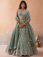 sea green embroidered tissue lehenga with designer blouse