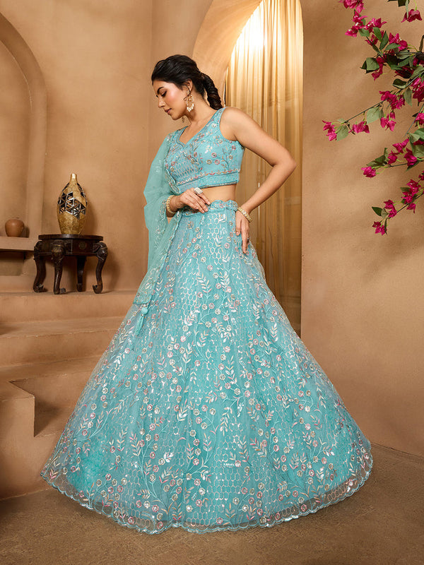 Sea Green Bridal Net Lehenga Choli for Women
