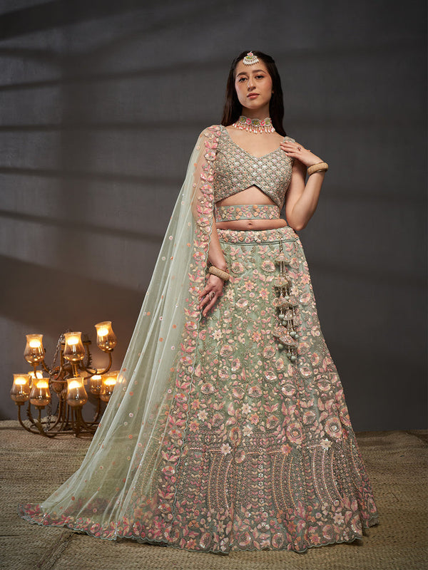 Sea Green Net Heavy Sequence Embroidered Bridal Lehenga Choli