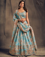 sky blue designer organza lehenga for wedding functions