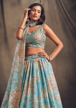 sky blue festive lehenga choli with floral pattern