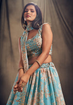 sky blue organza lehenga with elegant floral embroidery