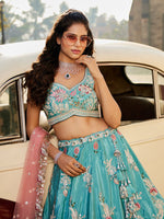 sky blue satin silk lehenga choli with sequins embroidery