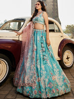 sky blue satin silk lehenga choli with sequins embroidery