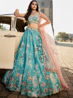 sky blue satin silk lehenga choli with sequins embroidery