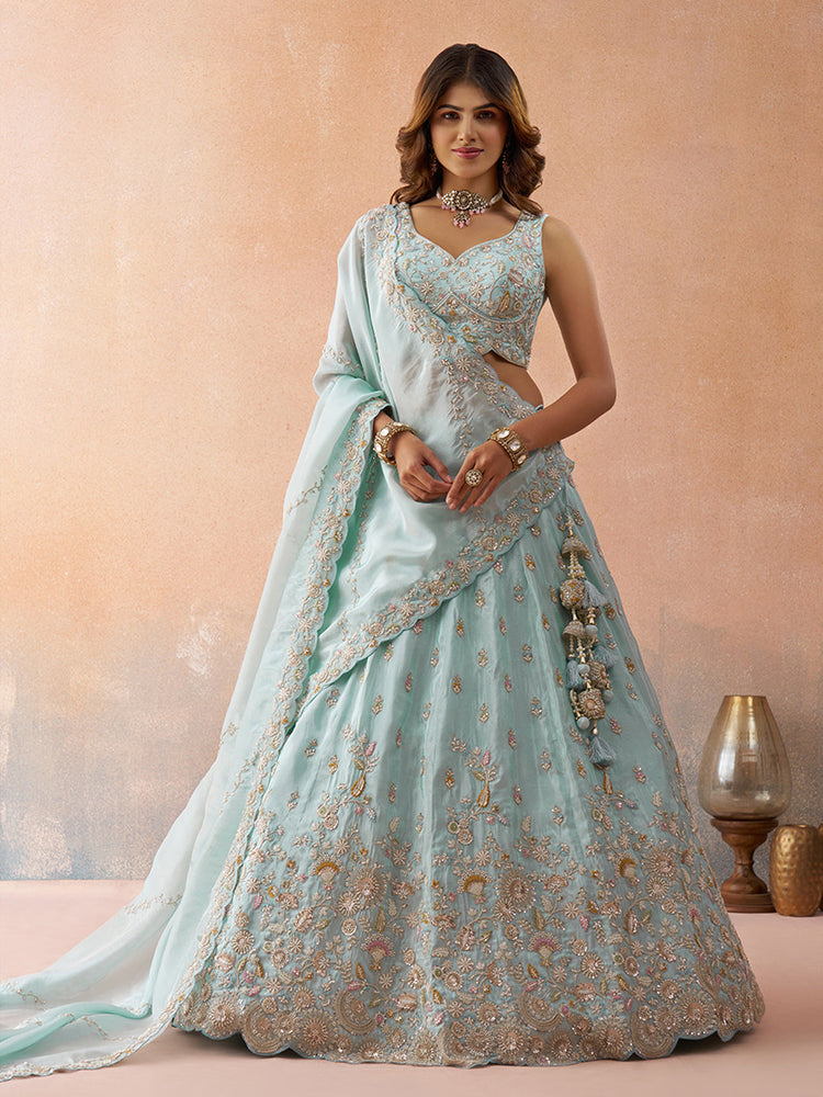 sky tissue beads and sequins embroidered semi stitched lehenga set