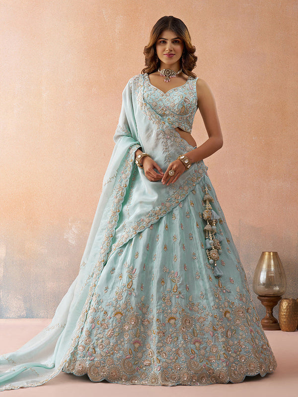 Sky Blue Semi-Stitched Bridal Lehenga Choli