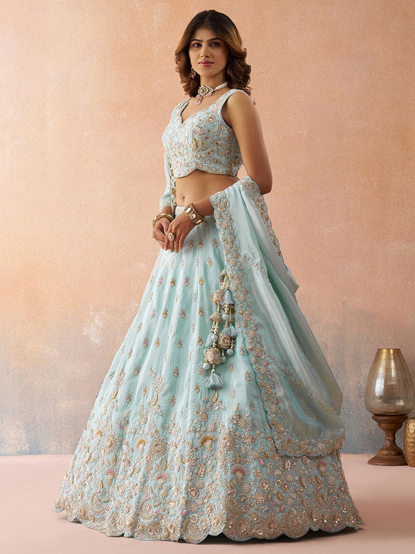 Sky Blue Semi-Stitched Bridal Lehenga Choli