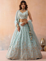 sky blue bridal lehenga with beads embroidery