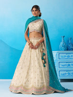 women's teal tissue embroidered lehenga choli for festive wear