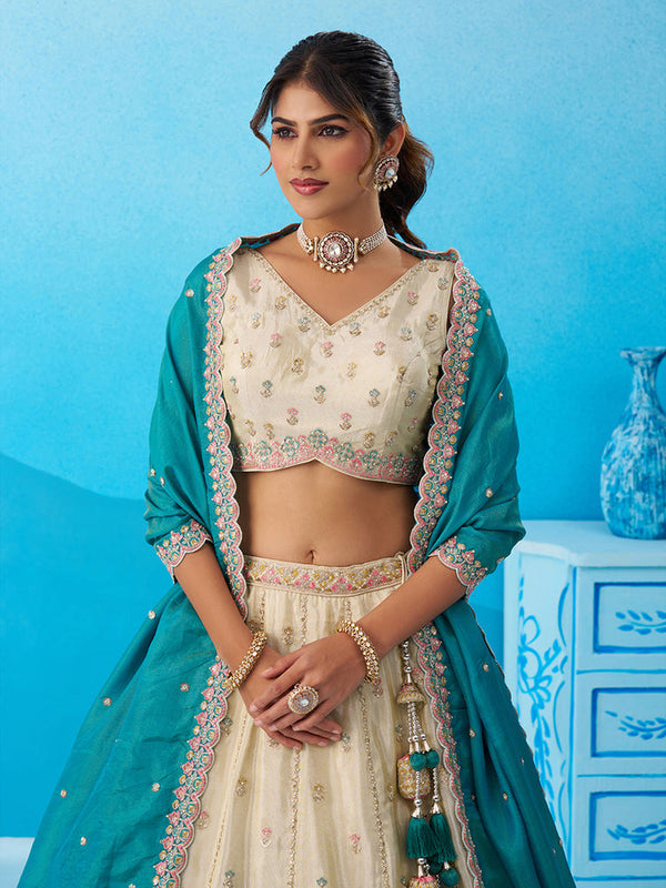 Teal Designer Tissue Wedding Lehenga Choli
