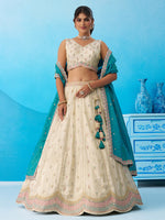 teal semi-stitched ethnic lehenga with premium tissue fabric