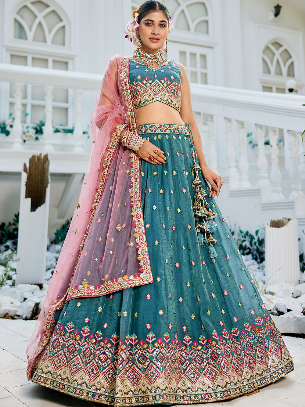 teal embroidered lehenga choli for women perfect for weddings