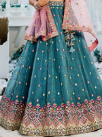 teal semi stitched embroidered lehenga choli for women