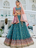 teal embroidered georgette lehenga choli for wedding ceremony