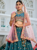 teal festive lehenga choli for women with designer details