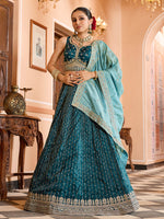 teal festive lehenga with sequins embroidered tissue silk fabric