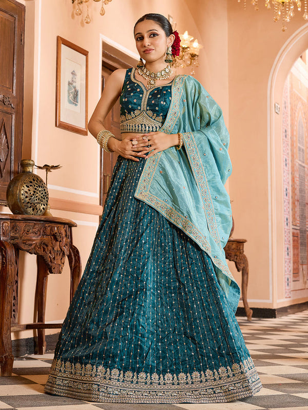 Premium Teal Tissue Silk Embroidered Lehenga Choli