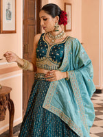teal reception wear lehenga with unstitched blouse