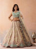 cream and sky tissue fabric sequins embroidered lehenga set