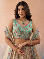 cream sky semi stitched lehenga with embroidered dupatta
