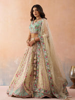 designer cream and sky blue tissue lehenga choli